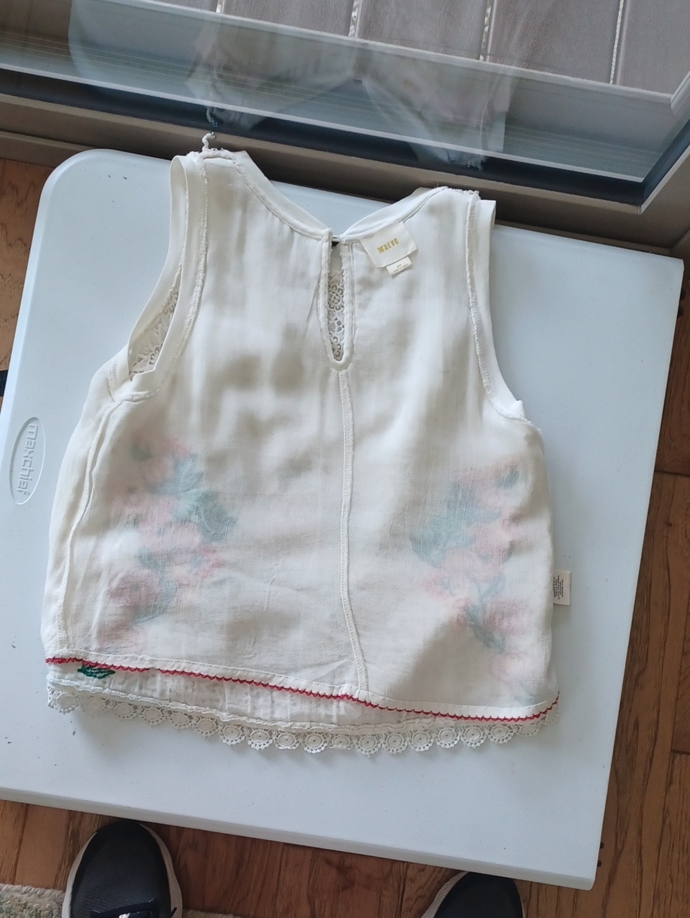 Anthropologie Maeve Cream Lace Top with Multicolor Floral Embroidery, Size S - Picture 8 of 12